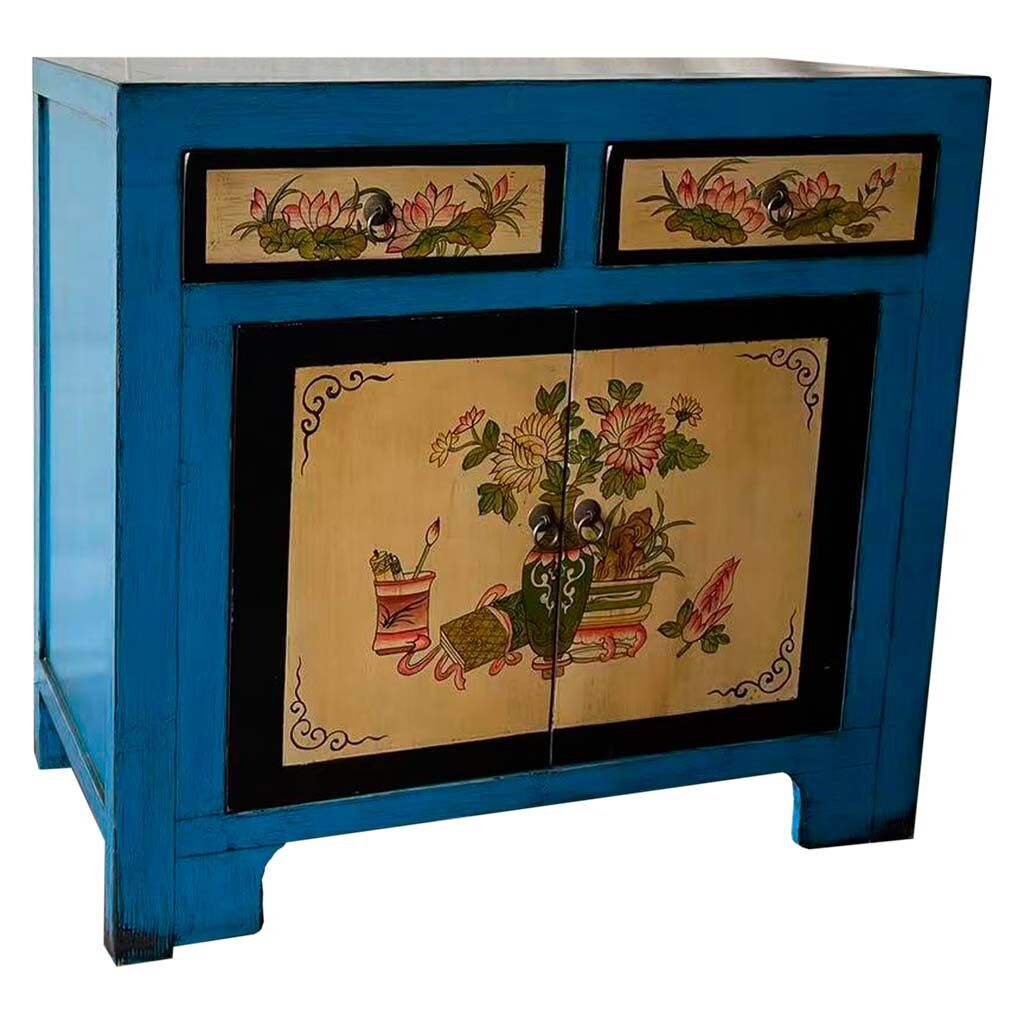 Aparador de madera artesanal pintado a mano azul 90x40x87h cm