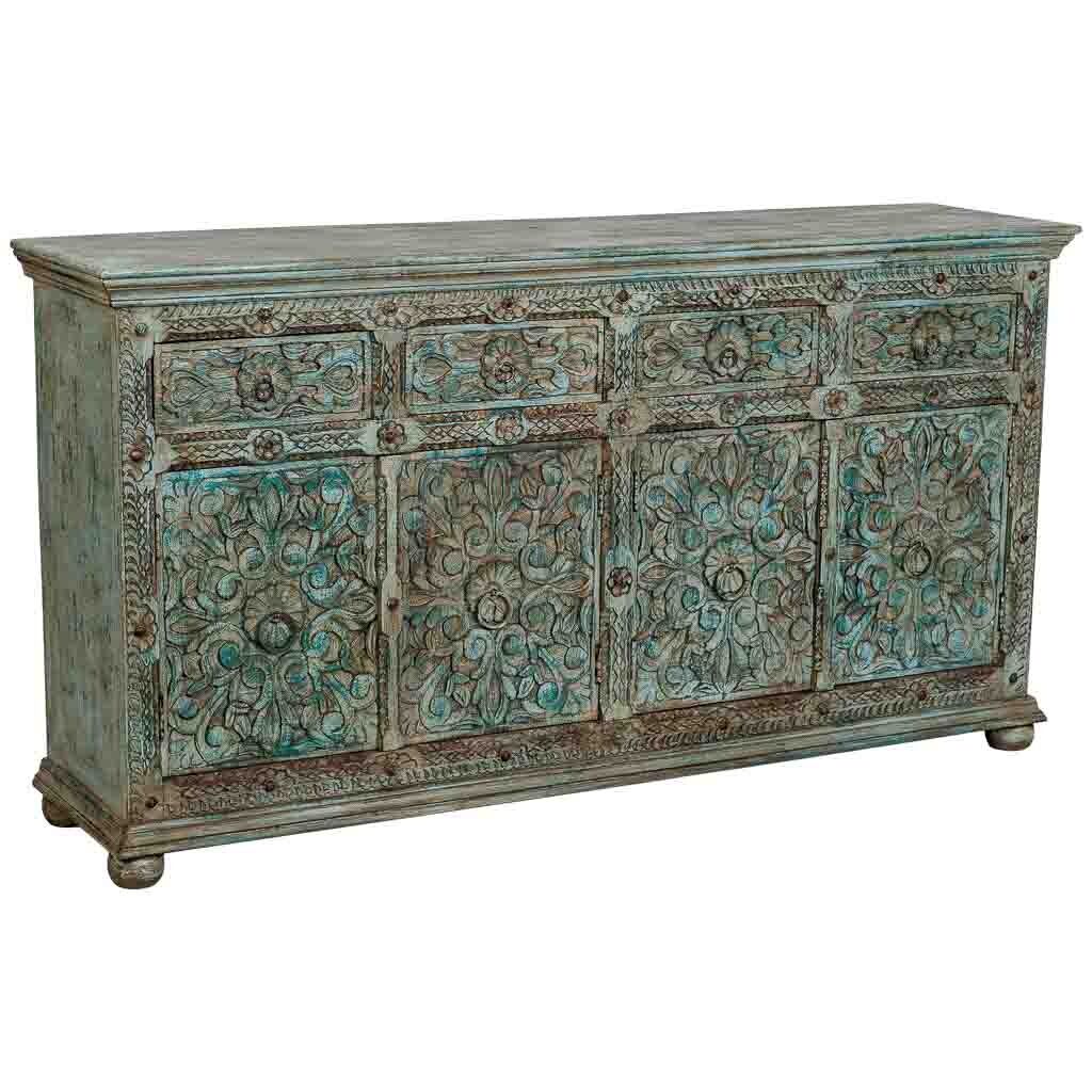 Aparador de madera artesanal tallado a mano azul 180x45x96h cm
