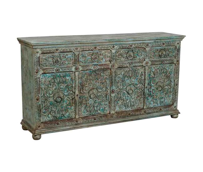 Aparador de madera artesanal tallado a mano azul 180x45x96h cm