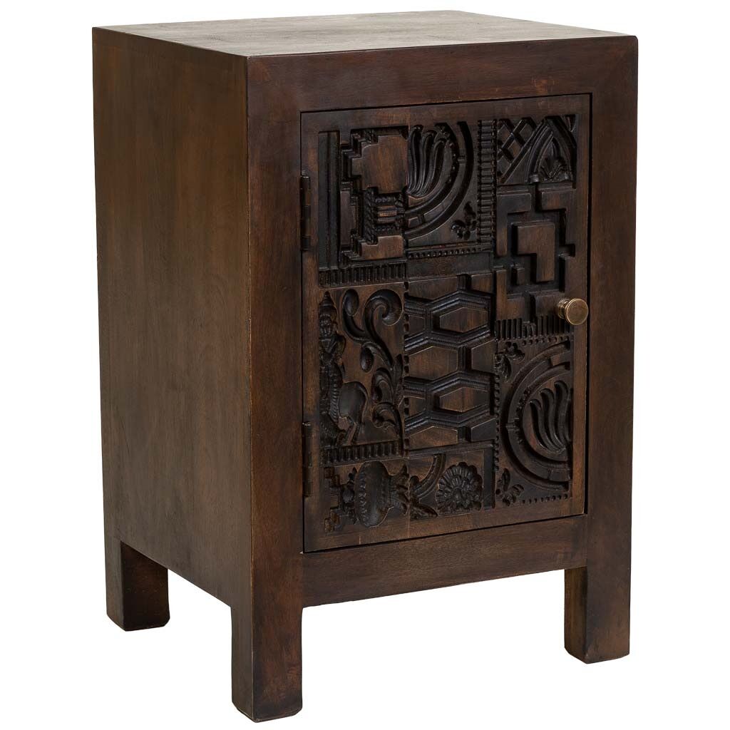 Mesita de noche de madera tallada artesanal