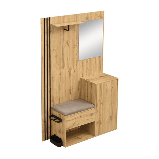 Móvel de entrada 115x185x37 cm - Com espelho, almofada, prateleira para chapéus e detalhes em preto - Cor natural