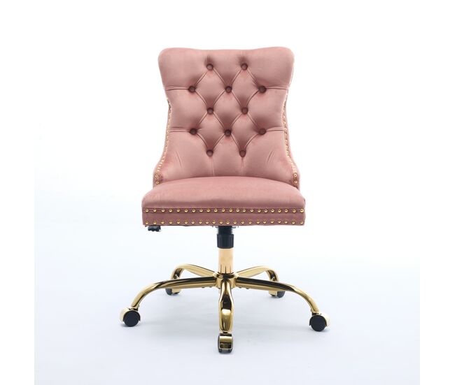 Silla de oficina - moderna tapizada en terciopelo con botones - base metálica dorada - rosa