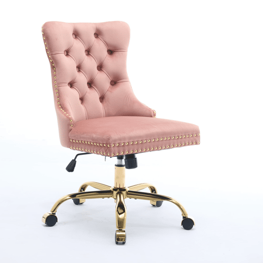 Cadeira de escritório - moderna, estofada em veludo com botões - base metálica dourada - rosa