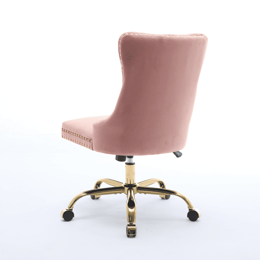 Cadeira de escritório - moderna, estofada em veludo com botões - base metálica dourada - rosa