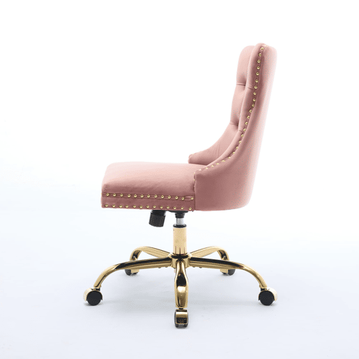 Cadeira de escritório - moderna, estofada em veludo com botões - base metálica dourada - rosa