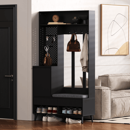 Conjunto de armário 100x35x180 cm - com banco, 4 ganchos, 2 gavetas, 1 porta - Preto