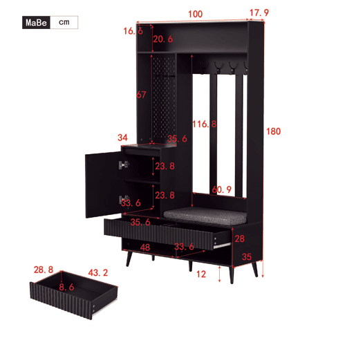 Conjunto de armário 100x35x180 cm - com banco, 4 ganchos, 2 gavetas, 1 porta - Preto