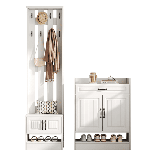 Conjunto de armário 125x36x190cm - com banco e sapateira, 8 ganchos, 4 portas, 1 gaveta - Branco