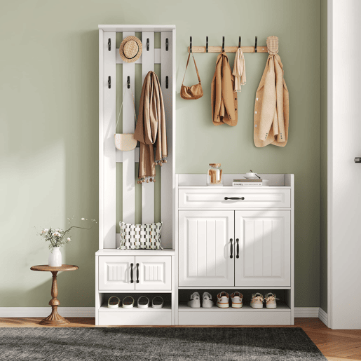 Conjunto de armário 125x36x190cm - com banco e sapateira, 8 ganchos, 4 portas, 1 gaveta - Branco