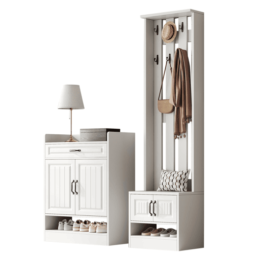 Conjunto de armário 125x36x190cm - com banco e sapateira, 8 ganchos, 4 portas, 1 gaveta - Branco