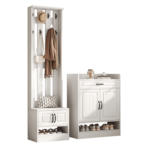 Conjunto de armário 125x36x190cm - com banco e sapateira, 8 ganchos, 4 portas, 1 gaveta - Branco