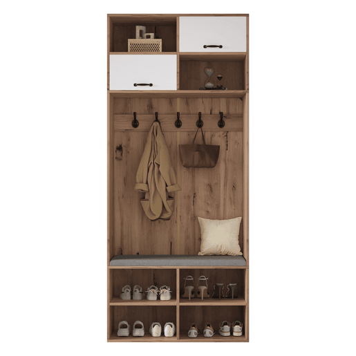 Móvel de entrada 80x185x35 cm - Com assento, 5 ganchos, 2 portas e 6 compartimentos - Natural+Branco