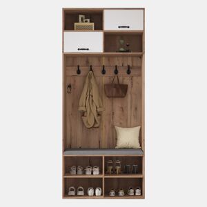 Móvel de entrada 80x185x35 cm - Com assento, 5 ganchos, 2 portas e 6 compartimentos - Natural+Branco