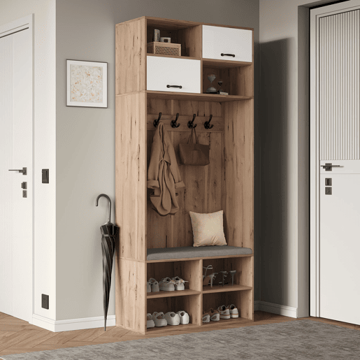Móvel de entrada 80x185x35 cm - Com assento, 5 ganchos, 2 portas e 6 compartimentos - Natural+Branco