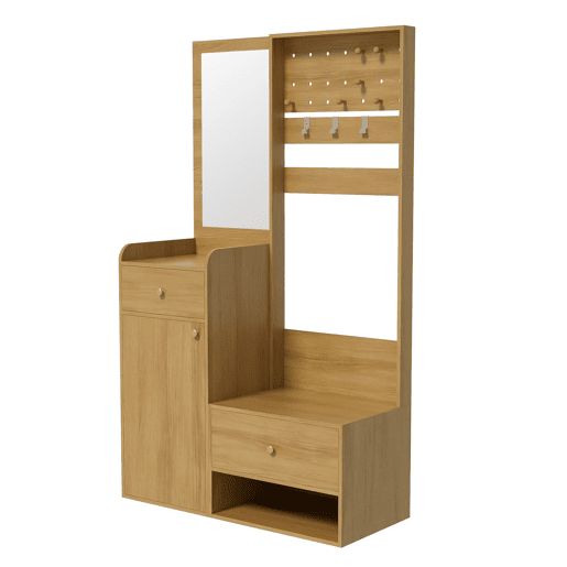 Móvel compacto para hall de entrada 105 cm - Armazenamento com espelho, ganchos ajustáveis e prateleiras - Madeira