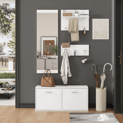 Móvel de entrada 90x30x41,5 cm - 4 peças, com espelho, 2 prateleiras para chapéus e sapateira - Branco