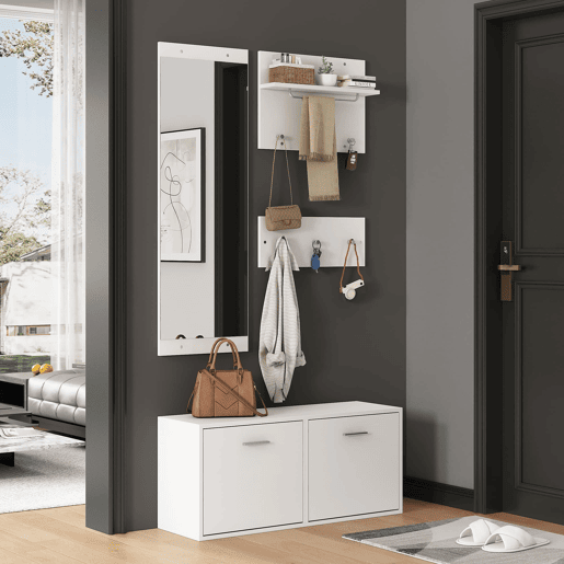 Móvel de entrada 90x30x41,5 cm - 4 peças, com espelho, 2 prateleiras para chapéus e sapateira - Branco