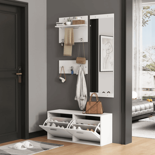 Móvel de entrada 90x30x41,5 cm - 4 peças, com espelho, 2 prateleiras para chapéus e sapateira - Branco