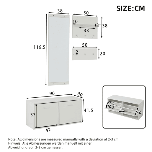 Móvel de entrada 90x30x41,5 cm - 4 peças, com espelho, 2 prateleiras para chapéus e sapateira - Branco