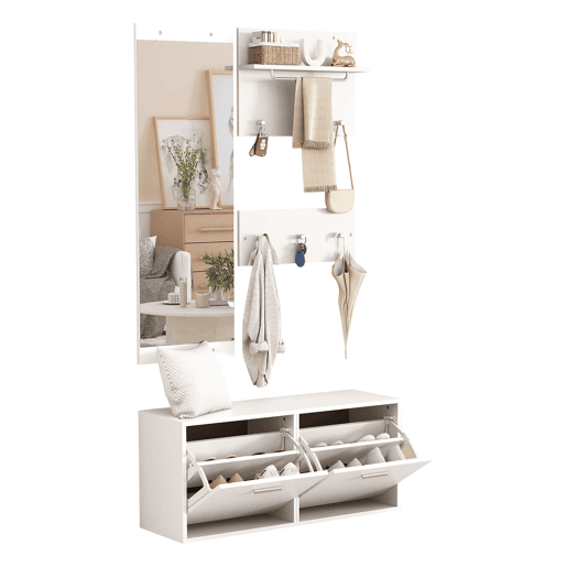 Móvel de entrada 90x30x41,5 cm - 4 peças, com espelho, 2 prateleiras para chapéus e sapateira - Branco