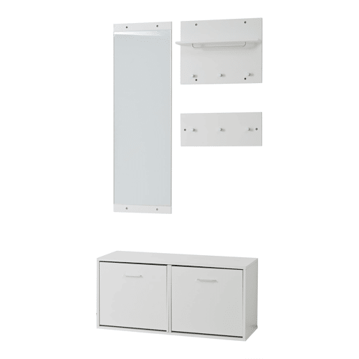Móvel de entrada 90x30x41,5 cm - 4 peças, com espelho, 2 prateleiras para chapéus e sapateira - Branco