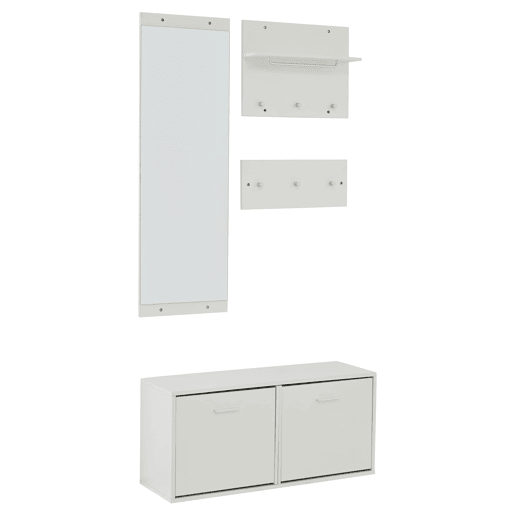 Móvel de entrada 90x30x41,5 cm - 4 peças, com espelho, 2 prateleiras para chapéus e sapateira - Branco