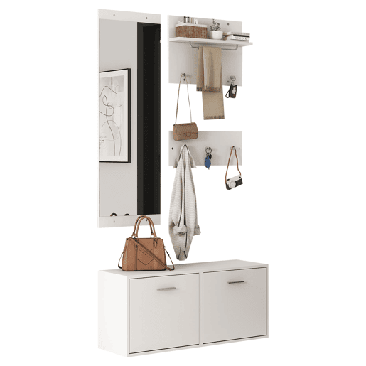 Móvel de entrada 90x30x41,5 cm - 4 peças, com espelho, 2 prateleiras para chapéus e sapateira - Branco