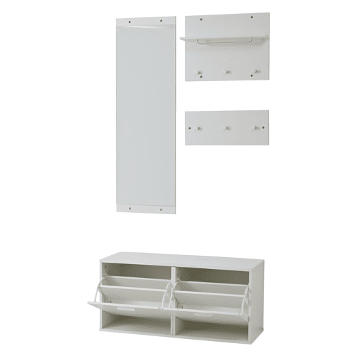 Móvel de entrada 90x30x41,5 cm - 4 peças, com espelho, 2 prateleiras para chapéus e sapateira - Branco