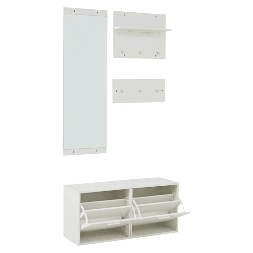 Móvel de entrada 90x30x41,5 cm - 4 peças, com espelho, 2 prateleiras para chapéus e sapateira - Branco