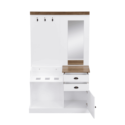 Móvel de entrada 110x38x191 cm - com espelho, ganchos, gavetas e suporte para guarda-chuvas - Branco