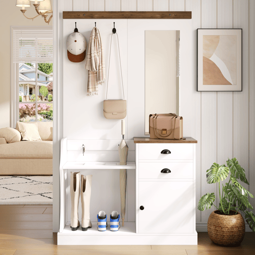 Móvel de entrada 110x38x191 cm - com espelho, ganchos, gavetas e suporte para guarda-chuvas - Branco