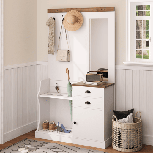 Móvel de entrada 110x38x191 cm - com espelho, ganchos, gavetas e suporte para guarda-chuvas - Branco