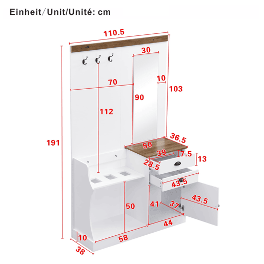 Móvel de entrada 110x38x191 cm - com espelho, ganchos, gavetas e suporte para guarda-chuvas - Branco