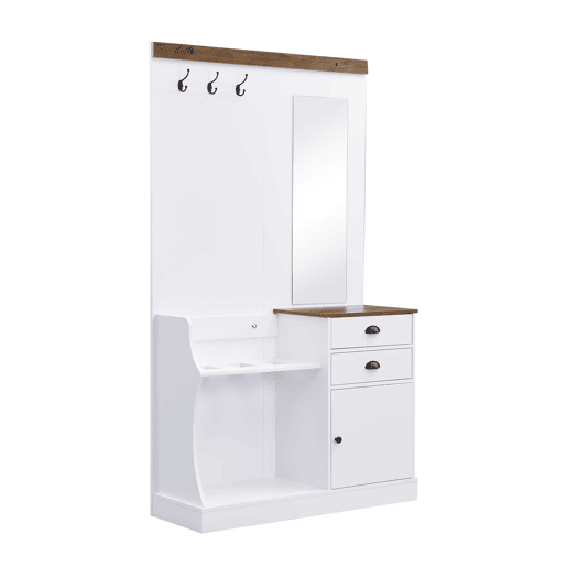 Móvel de entrada 110x38x191 cm - com espelho, ganchos, gavetas e suporte para guarda-chuvas - Branco