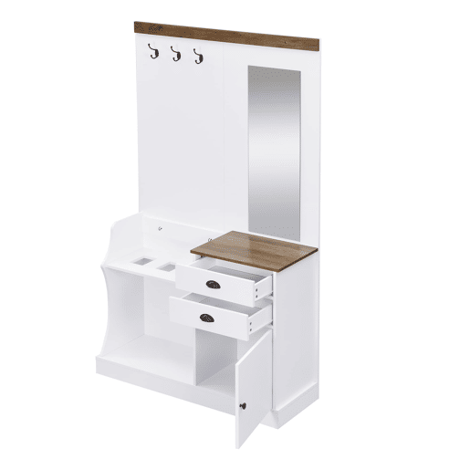 Móvel de entrada 110x38x191 cm - com espelho, ganchos, gavetas e suporte para guarda-chuvas - Branco
