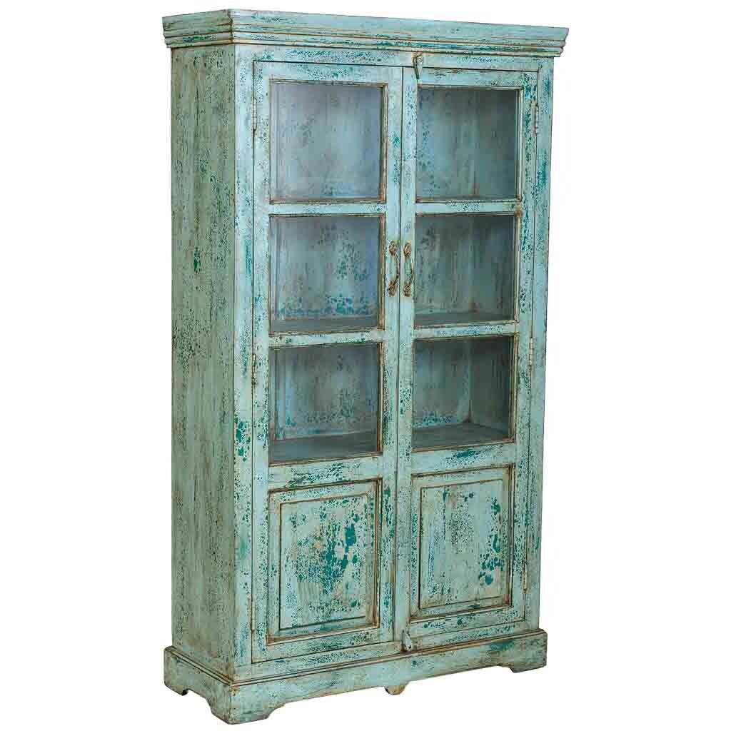 Vitrina de madera artesanal turquesa 105x40x180h cm
