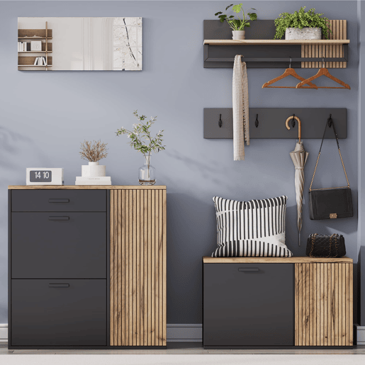 Móvel de entrada com 2 sapateiras - Painel com espelho, prateleira para chapéus e 4 ganchos - Natural