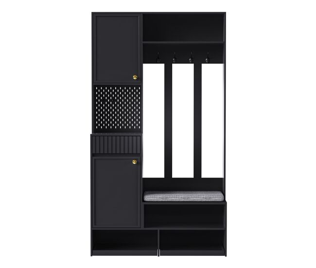 Conjunto de guardarropa 100x180x35 cm - con banco, 4 ganchos, puertas y cajones - negro