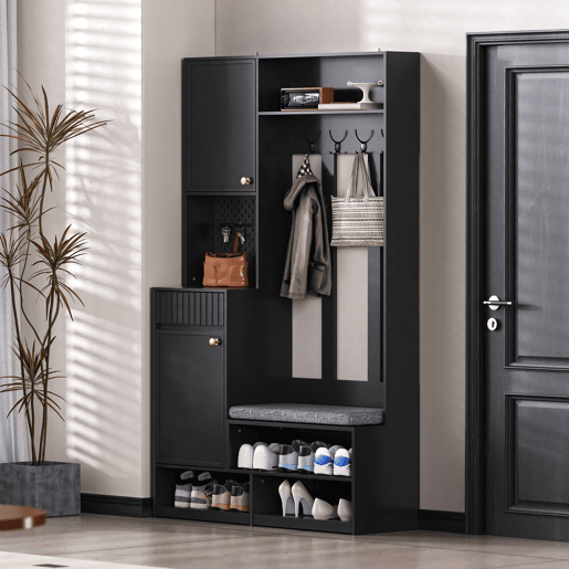 Conjunto de guarda-roupa 100x180x35 cm - Com banco, 4 ganchos, portas e gavetas - Preto