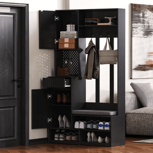 Conjunto de guarda-roupa 100x180x35 cm - Com banco, 4 ganchos, portas e gavetas - Preto