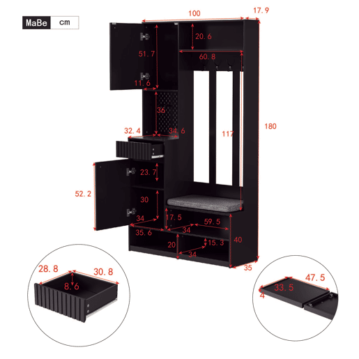 Conjunto de guarda-roupa 100x180x35 cm - Com banco, 4 ganchos, portas e gavetas - Preto