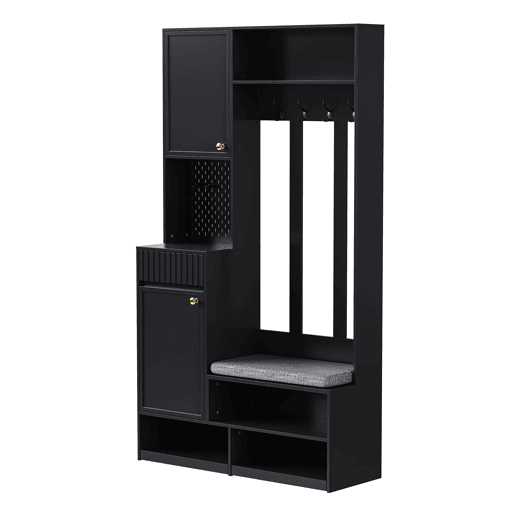 Conjunto de guarda-roupa 100x180x35 cm - Com banco, 4 ganchos, portas e gavetas - Preto