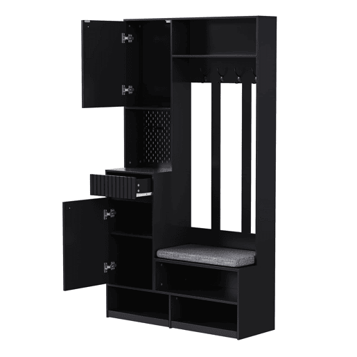 Conjunto de guarda-roupa 100x180x35 cm - Com banco, 4 ganchos, portas e gavetas - Preto