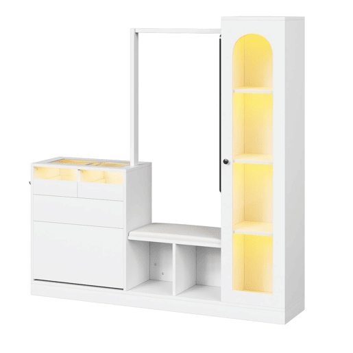 Móvel de entrada 6 em 1 - Sapateira, espelho, banco e cabide com luz LED - Branco