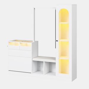 Móvel de entrada 6 em 1 - Sapateira, espelho, banco e cabide com luz LED - Branco