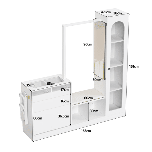 Móvel de entrada 6 em 1 - Sapateira, espelho, banco e cabide com luz LED - Branco