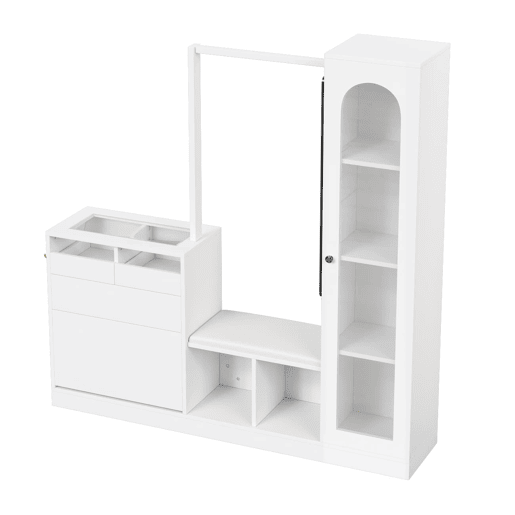 Móvel de entrada 6 em 1 - Sapateira, espelho, banco e cabide com luz LED - Branco