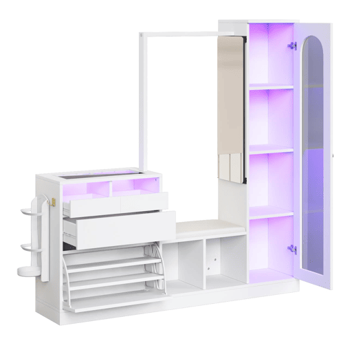 Móvel de entrada 6 em 1 - Sapateira, espelho, banco e cabide com luz LED - Branco