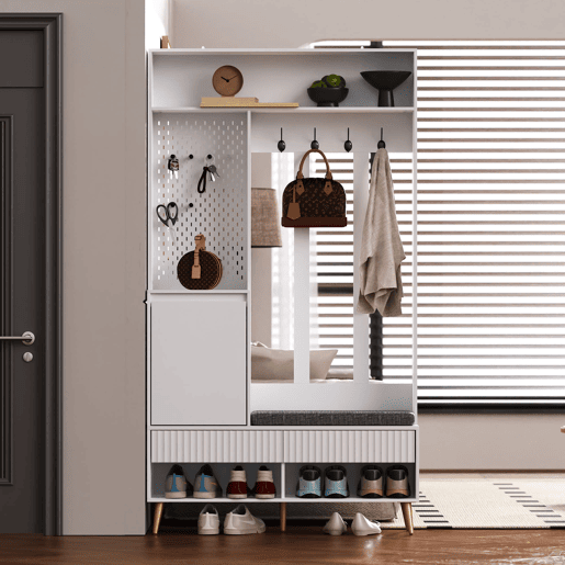 Conjunto de armário de parede 100x35x180 cm - 4 ganchos, 2 gavetas, 1 porta, banco, branco