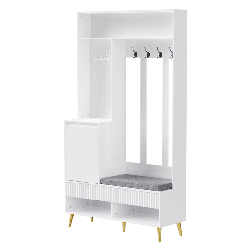 Conjunto de armário de parede 100x35x180 cm - 4 ganchos, 2 gavetas, 1 porta, banco, branco